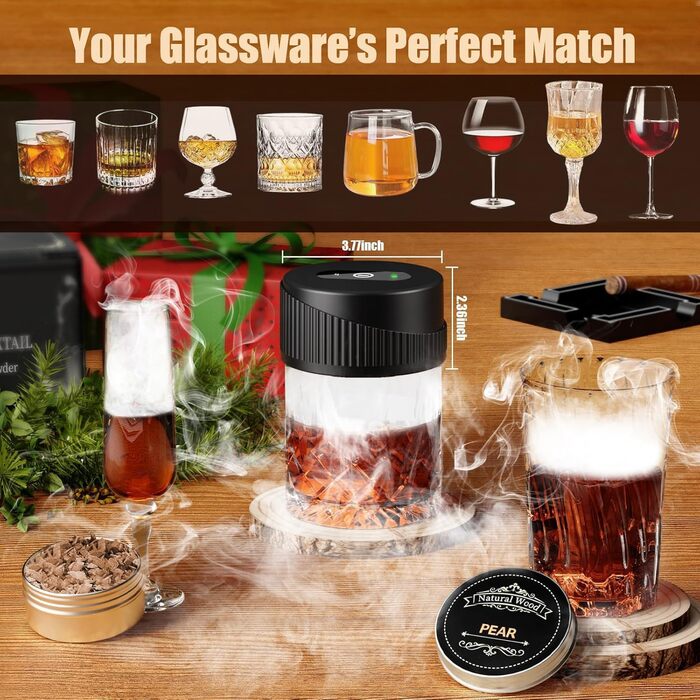 Портативний електричний димогенератор для віскі - багатофункціональний набір для коктейлів з 6 дерев'яними трісками (без бутану) з вбудованим запальничкою