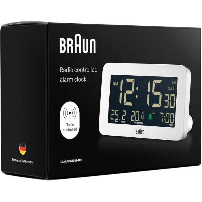 Цифровий будильник Braun BC10B з дисплеєм температури, дати та місяця, негативний LCD-екран, чорний
