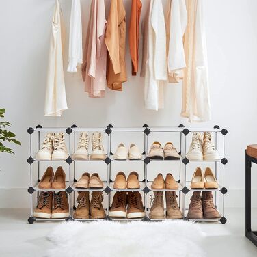 SONGMICS Shoe Rack with 16 Cubes, Interlocking Plastic Shoe Organizer, DIY Storage Cabinet for Closet, Entrance, Bedroom, Garage, Space-Saving Design, 30.5 x 89.9 x 69.8 cm
