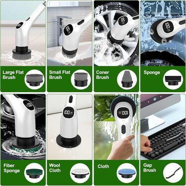 Електрична щітка для чищення з 7 насадок, IPX7 водонепроникна, регульована ручка, для ванної кімнати (біла)