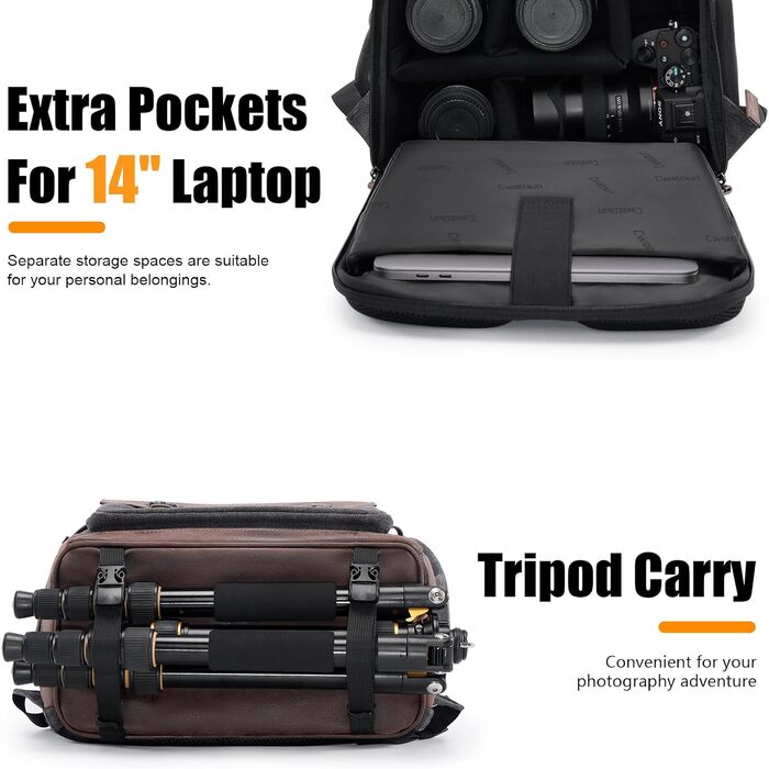 Водонепроникний рюкзак для камери Cwatcun з брезенту, професійний фоторюкзак, вінтажний стиль, сумісний з Sony, Canon, Nikon (S, чорний)