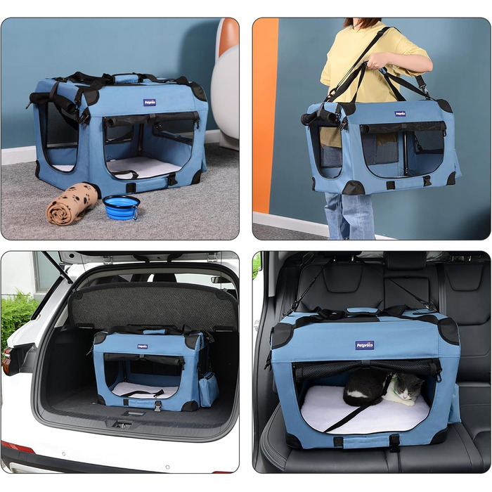 Транспортний бокс для тварин Petprsco з м'якими стінками, 3-дверний, для котів та маленьких собак, блакитний, 60x42x42 см