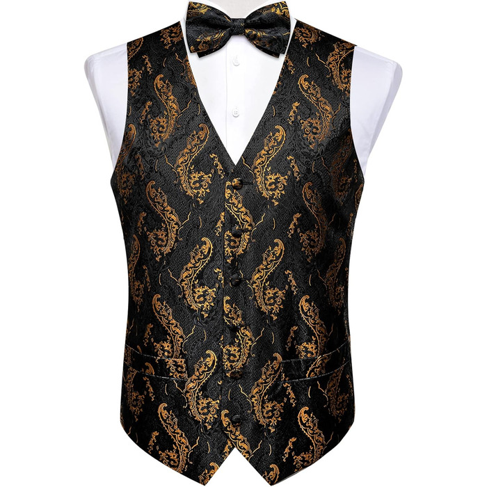 Чоловічий комплект Dibangu з шовку, візерунок павич, жилет та краватка, метелик-трансформер, формальний жилет для весілля, вечірки, 6 шт. Чорний, золотий
