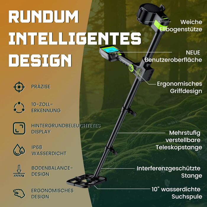 Металодетектор професійний для дорослих та дітей – водонепроникний, з LCD-дисплеєм та спіральною котушкою 25 см, бездротовий, складна конструкція, акумулятор 2000mAh, висока точність, зелений