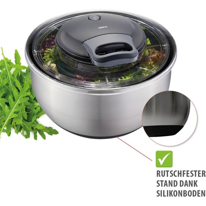 GEFU Салатоотжим - 5 л, вбудований виливник, кнопка стоп, неслизький, придатний для миття в посудомийній машині (4,5 л, кришка, нержавіюча сталь + кришка для зберігання)