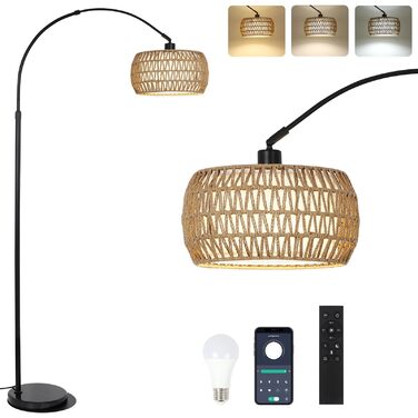 Rayofly Торшер для вітальні Bogenlampe в стилі бохо з ротанговим абажуром, диммований торшер з пультом та LED-лампочкою, управління через додаток, чорний