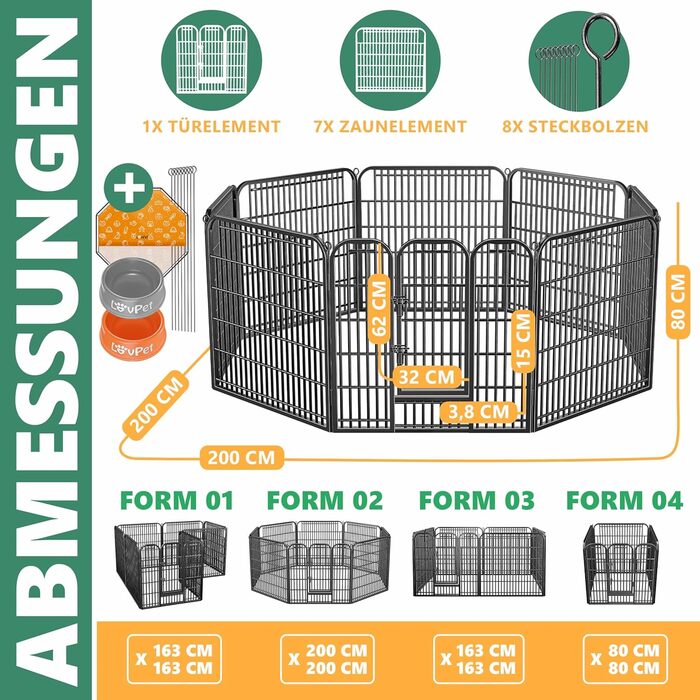 Вольєр для цуценят Freilaufgehege XXL: просторий вольєр для собак, котів, кроликів з дахом та анкерами. 8 секцій по 80x80 см, чорний