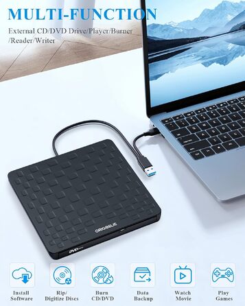 Зовнішній DVD-привід ORIGBELIE, CD-брунер з 4 USB та 2 TF/SD слотами, ультратонкий оптичний накопичувач для ноутбука, ПК, Mac OS, Windows, Linux