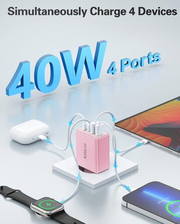 Мережевий адаптер USB-C 40W з 4 портами, рожевий. Швидка зарядка PD+QC для iPhone, iPad, Samsung та інших телефонів.