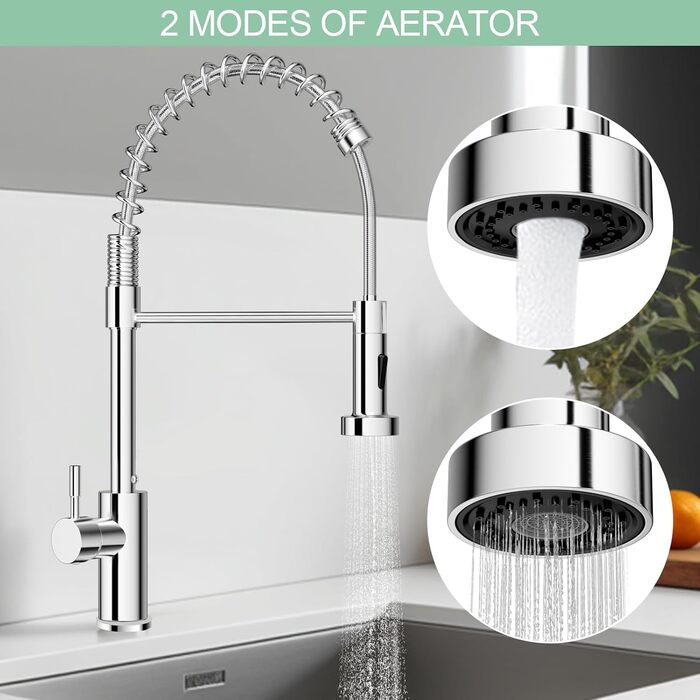 Кухонний змішувач з висувною лійкою, 360° поворот, 2 режими струменя, нержавіюча сталь, хром