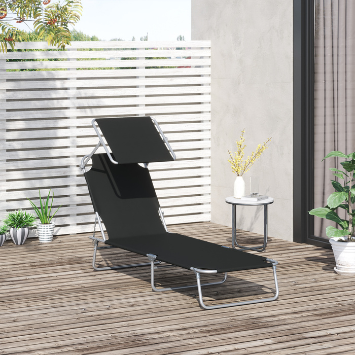 Розслабниця Outsunny для саду, складана з сонцезахистом, розміром 187x58x36 см, чорного кольору, ідеально підходить для тераси та балкону.