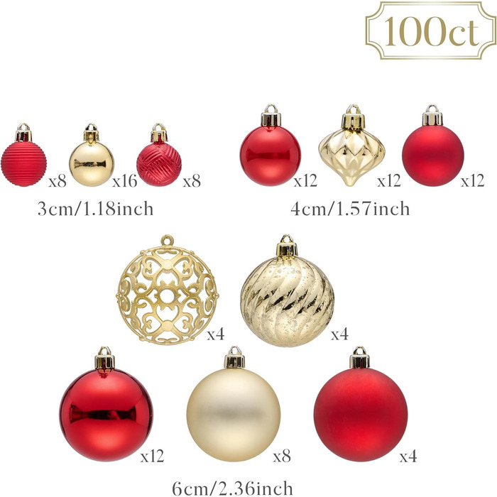 Набір прикрас для ялинки Valery Madelyn, 100 шт. ялинкові кулі, червоно-золота тема, з петельками