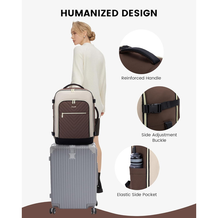Рюкзак-валіза LOVEVOOK для жінок, 40L, ручна поклажа, водонепроникний, для ноутбука, подорожей, бізнесу (17.3 дюйми, темно-кававий, абрикосовий, чорний)