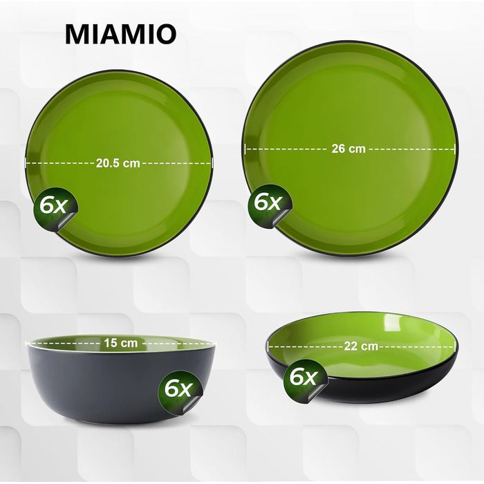 Набір посуду Miamio Le Papillon (24 частини) - 6 персон, тарілки, миски, чашки, супові тарілки, стеатова глина, зелений колір