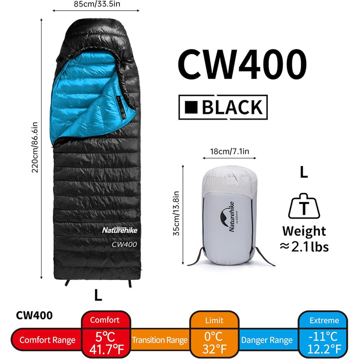 Спальний мішок Naturehike 4 сезони, Mumienschlafsack, зимовий, водовідштовхувальний, компактний, для кемпінгу, подорожей, туризму (Чорний, 650FP)