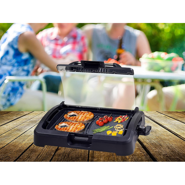 BEPER Electric Grill with Glass Lid - Non-Stick Coated Grill Plate, Stainless Steel, 2200W, Black