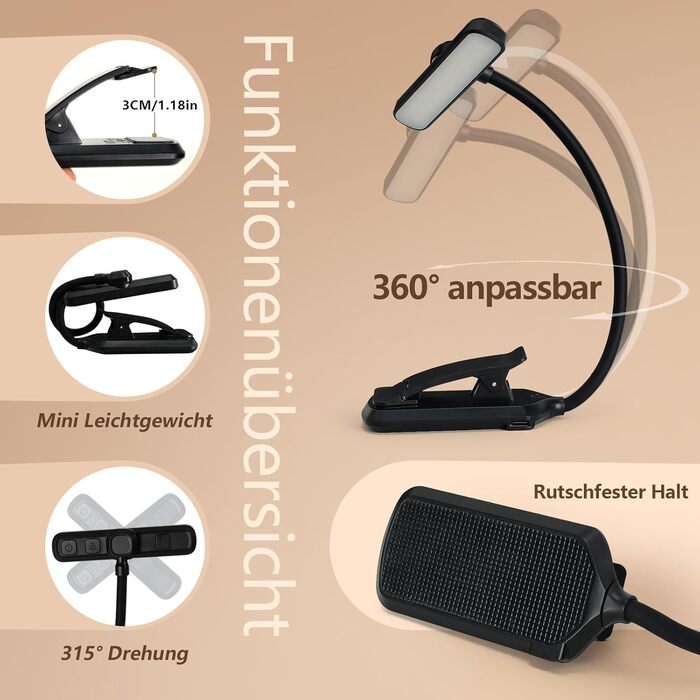 LED лампа для читання з кріпленням, 24 світлодіоди, регульована яскравість, 3 режими температури кольору, USB-C, гнучкий поворот на 360°, захист очей, для дорослих та дітей