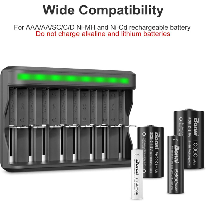 Універсальний зарядний пристрій для акумуляторів BONAI з LED-індикатором, інтелектуальний зарядний пристрій для AA AAA C D NI-MH акумуляторів
