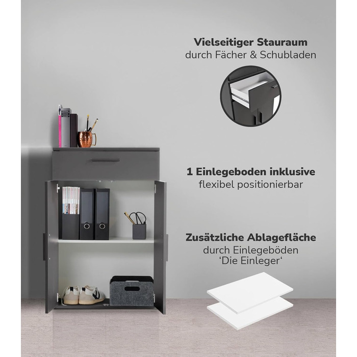 Multi-purpose cabinet 60cm wide with drawers 'The Practical', small office cabinet or filing cabinet, also as a shoe cabinet or storage cabinet in 60x90x34 cm (W/H/D) in White (Height 90CM, Anthracite Black)