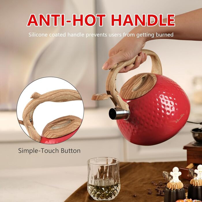 Чайник Harriet Teekessel для плити, 2,5 л, з флейтою, 5-шаровий, з нержавіючої сталі, з термостійким ручками, для газових та електричних плит, червоний, блискучий