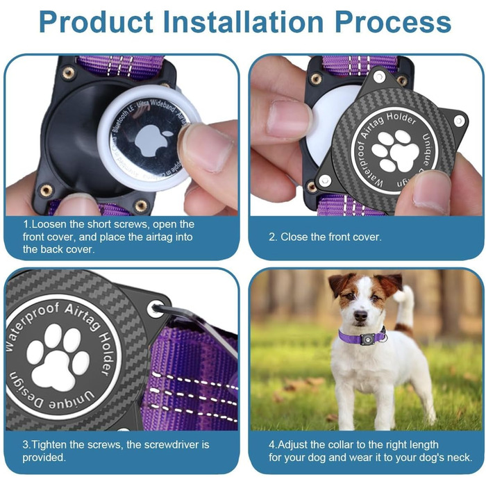 Світловідбиваючий нашийник для Apple AirTag для собак, регульований, водонепроникний, для малих, середніх та великих собак, L (32-43.5 см), фіолетовий