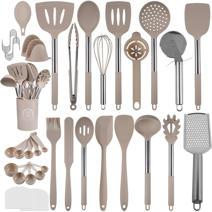 Набір кухонних аксесуарів 45 предметів з нержавіючої сталі: лопатки, ложки, скребки. Ідеально для кухонного приладдя та подарунків