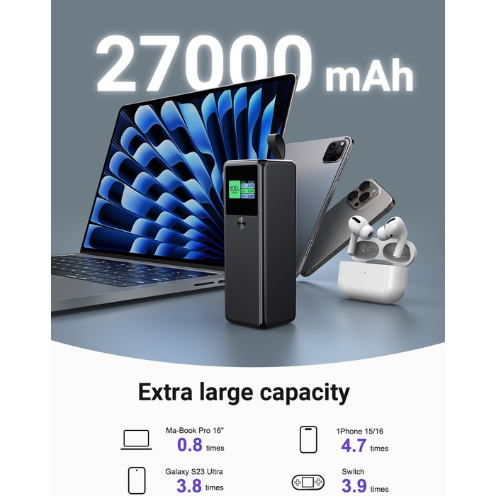 Power Bank VAFOTON 27000mAh 140W з 3 портами, цифровим дисплеєм та USB-C кабелем (Чорний)