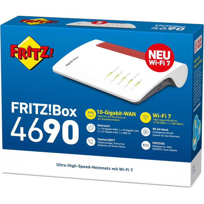 Fritz!Box 4690: Wi-Fi 7 Mesh Роутер для кабелю, DSL або оптики, до 6960 Мбіт/с, 1x 10G WAN, 3x 2.5G LAN