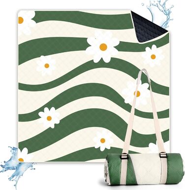 LARUTAN Beach Blanket, Waterproof, Machine Washable, Portable Picnic Blanket with Shoulder Strap - for Beach Days & Picnics Versailles Daisy 200 x 200 cm