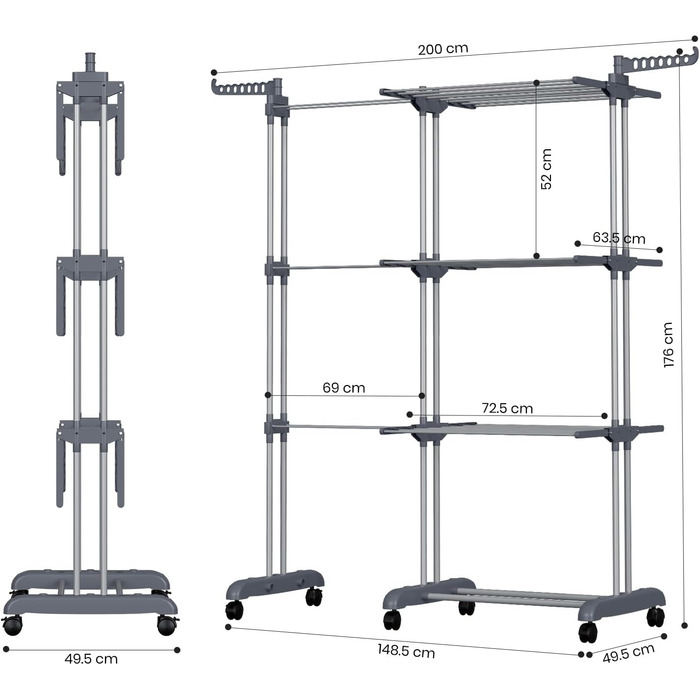 Сушарка для білизни Oak & Tea Turm, 83-200см, XXL, на колесах, 4 яруси, для дому та вулиці (Чорний)