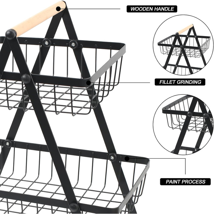 Багатоярусна металева підставка для фруктів та овочів MaxEarn - 3 яруси, велика місткість, з дерев'яною ручкою