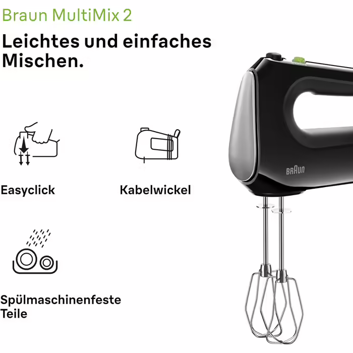 Braun Household MultiMix 2 HM2110BK Hand Mixer - Handheld Mixer with 4 speed settings plus Turbo, FastMix Technology, EasyClick, incl. whisk and dough hooks, one-hand operation, 500W, Black Black MultiMix 2 - incl. whisk & dough hooks