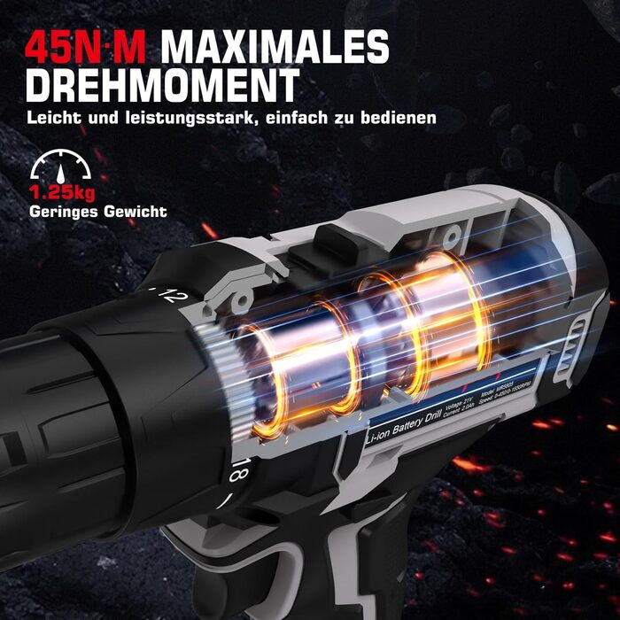 Акумуляторний шуруповерт Sundpey Set: 2 акумулятори 2.0Ah, 21V, 1500 об/хв, 45Nm, 18+1 режим, LED, 10мм патрон - для ремонту та DIY