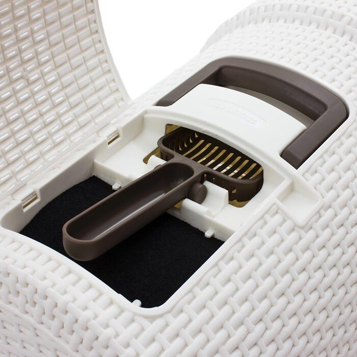 Котячий туалет Curver Petlife з кришкою, лоток для котів з совочком, сучасний дизайн плетіння ротангу, 51,5 x 38,5 x 40 см (слонова кістка)