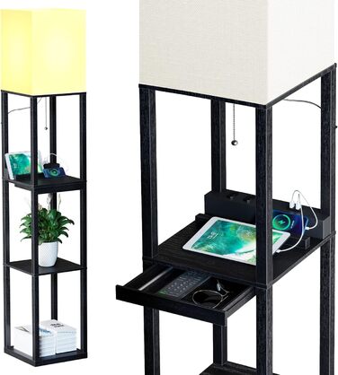Підлогова лампа SUNMORY з полицею з масиву дерева, 3 режими кольору, 2 USB-порти та ящик, для вітальні, спальні, чорна (з лампочкою)