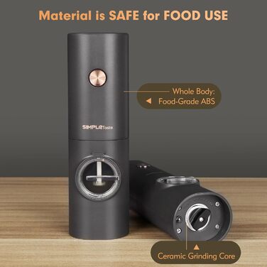 Електричні мельниці для спецій SIMPLETASTE 2 шт. з регульованим керамічним жорном, ABS-пластик, живлення від батарейок AAA