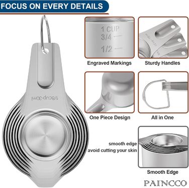 Paincco Measuring Cups & Spoons Set, 21 Pieces, including 7 stackable and nestable measuring cups, 9 measuring spoons & 5 mini measuring spoons, for dry and liquid ingredients