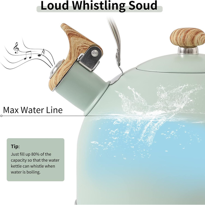 Чайник для плити LONFFERY 2.5л зі свистком, з нержавіючої сталі, з дерев'ястим декором, кришка-засувка, кремовий/білий (Турквіс)