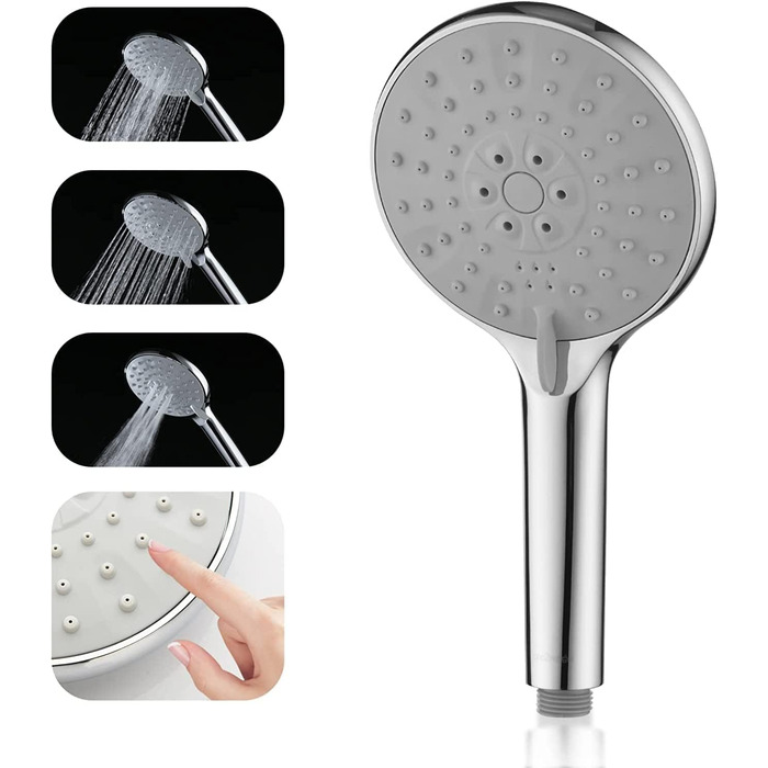 Showerhead Set, 3 Functions, Liquid Silicone - Showerhead Set with Hose and Holder, High Pressure and Water-Saving, Universal with G1/2 inch Connection, Chrome Showerhead for All Family Members (3 Spray Patterns)