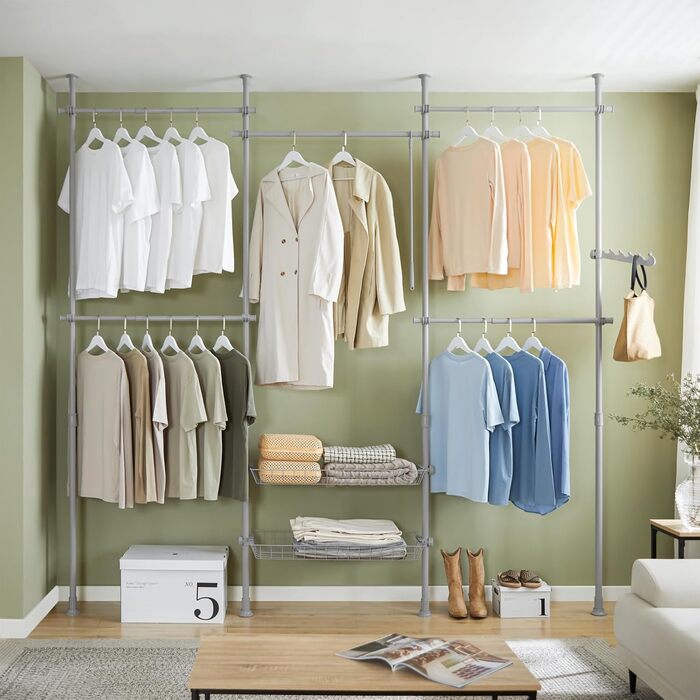 SoBuy KLS04-SCH Telescopic Clothes Rail with 5 Clothes Rails and 2 Baskets Telescopic Wardrobe System Adjustable Shelf System B (209-311) x H (200-285) cm (Light Grey)