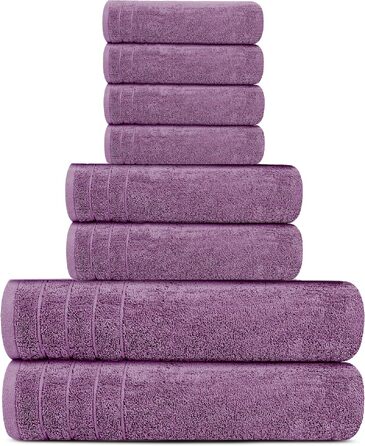 Набір махрових рушників Tens Towels з 100% бавовни, 8 предметів: 2 великі банні рушники, 2 рушники для рук та 4 серветки, гігроскопічні та швидкосохнучі, колір сливовий (фіолетовий)