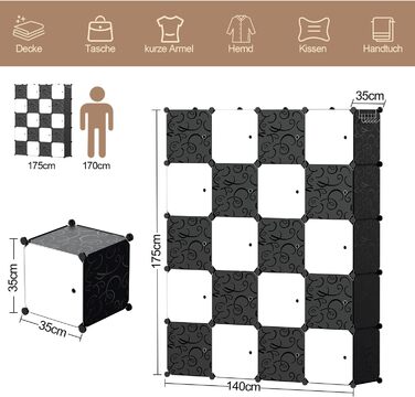 DIY Closet Shelf System, 16 Cubes Wardrobe Closet, Open Closet, Plastic Wardrobe with Doors, Wardrobe Cabinet, Black, 180 x 142 x 37CM (Black and White, 20 Cubes)