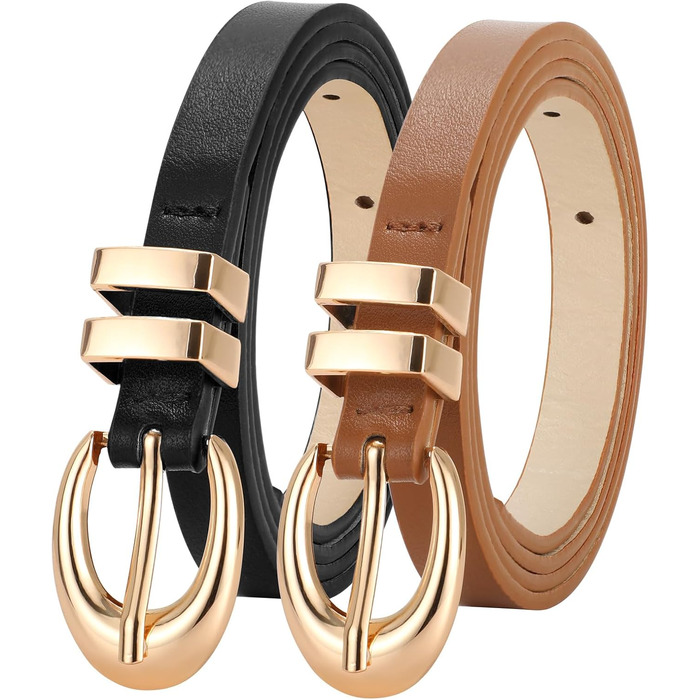 Жіночі шкіряні ремені WERFORU (2 шт.) - тонкі ремені для джинсів, штанів, суконь. Розмір 99-114 см. Золотисті та сріблясті пряжки. Чорний + коричневий кольори