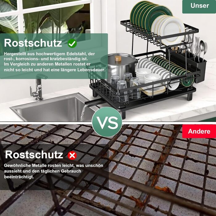 Підставка для посуду ROTTOGOON 2-ярусна, з нержавіючої сталі, чорна - органайзер для кухонних аксесуарів