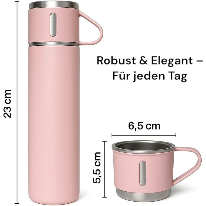 Термофляга 500 мл з нержавіючої сталі – 2 чашки з ручкою – без витоку, BPA-free – з щіткою для чищення – рожева