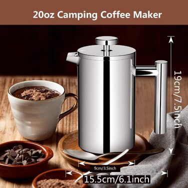 Френч-прес для кави, 600 мл, нержавіюча сталь, з 3-рівневою фільтрацією, подвійні стінки, з ложкою, сріблястий