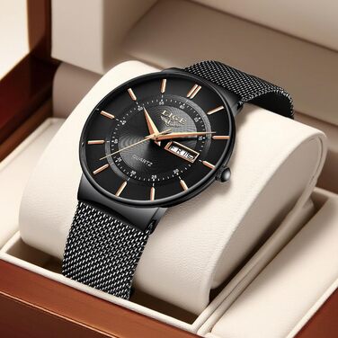 Годинник чоловічий LIGE з датою, водонепроникний, з нержавіючої сталі, аналоговий, вінтажний, кварцовий, чорний, для бізнесу, класичний, простий, з нержавіючої сталі, чоловічий годинник