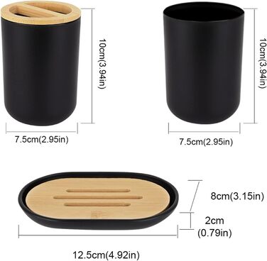 Bathroom Accessories Set - 6Pcs Bathroom Accessories Set made of Bamboo, Lotion Bottles, Toothbrush Holder, Tooth Cup, Soap Dish, Toilet Brush, Trash Can (4 Pcs Black)