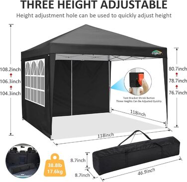 COBIZI Gazebo 3x3 Waterproof, Stable, Winter-Proof Party Tent 3x3 with 4 Side Walls, Pop-Up Folding Gazebo, UV Protection 50+, Garden Gazebo with Handbag, 8x Pegs and 4x Wind Rope, Black