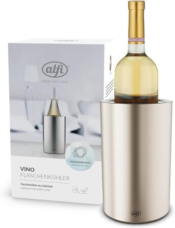 alfi SECCO, Stainless steel bottle cooler for 0.70 to 1l bottles, wine, sparkling wine. Keeps drinks cool without condensation or ice cubes, keeping drinks refreshingly cold until the very last drop. Drinks are dishwasher-safe and BPA-free (Champagne Mat, cylindrical)